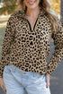 Leopard Polo Collar V Neck Pullover Long Sleeve Top